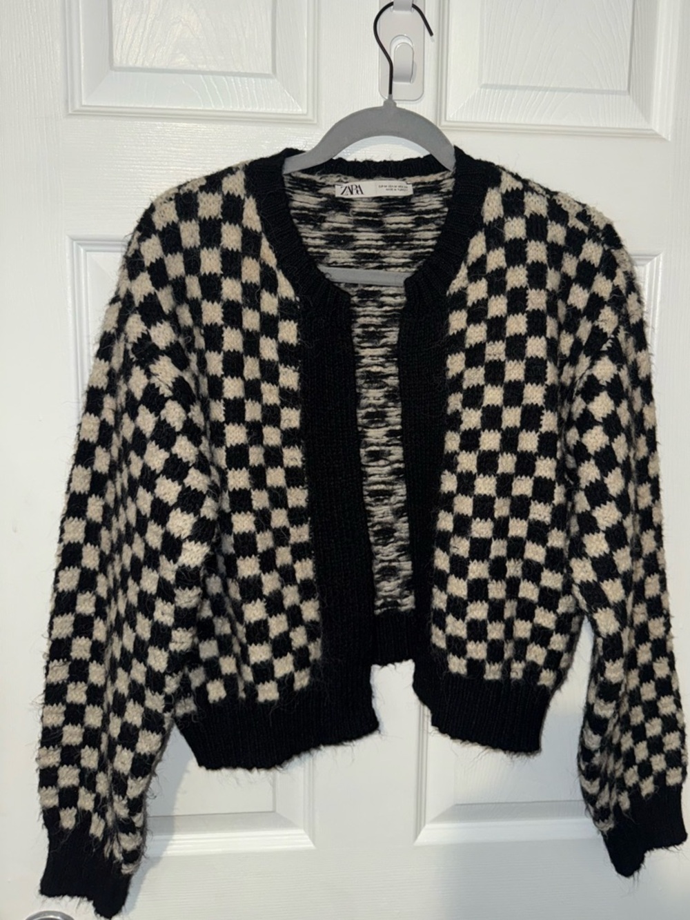 Zara Black and Cream Checkerboard Knit Cardigan
